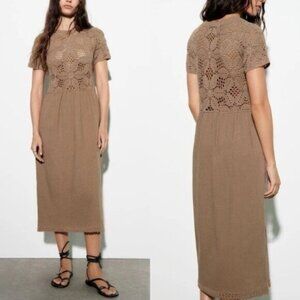 Zara Mixed Macrame Crochet Knit Earth Brown Cotton Midi Dress Size S